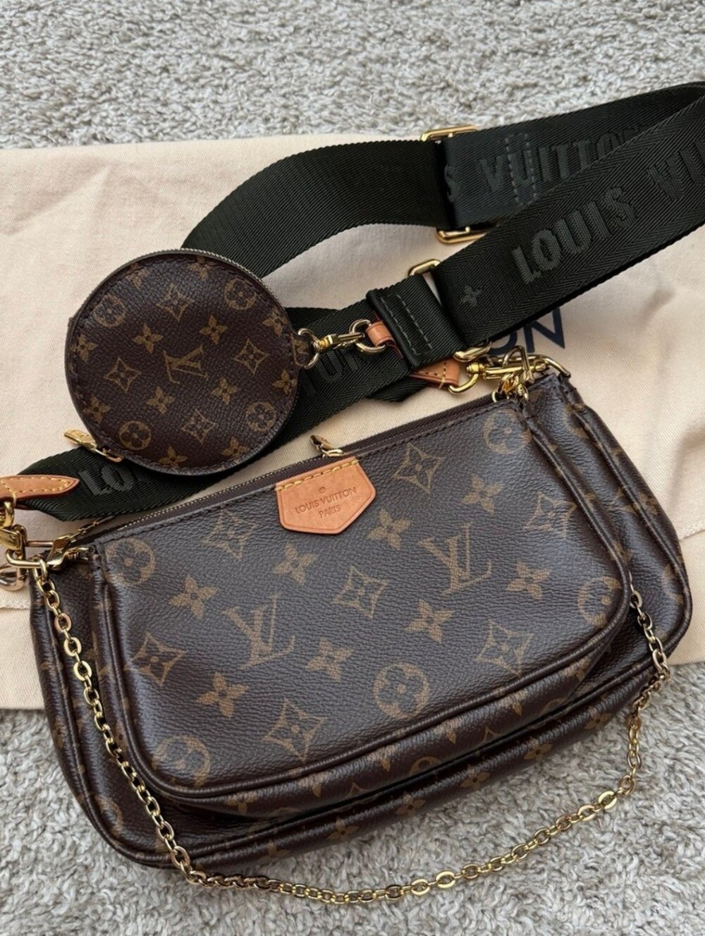 Louis Vuitton Brown Monogram Trio Pochette Crossbody Bag with Green Strap